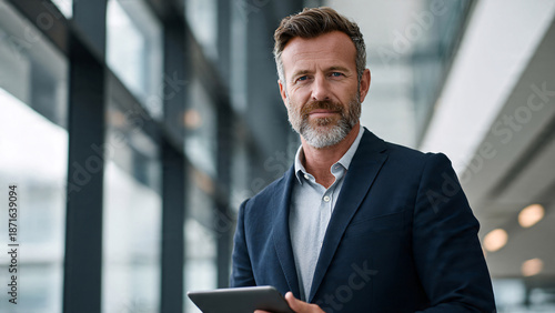 Confident businessman holding digital tablet in modern office