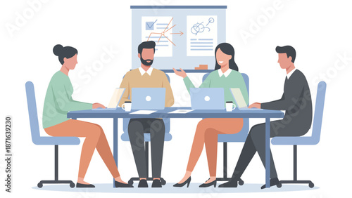 Teamwork Office Vector Illustration with Business People Collaboration. Modern teamwork office vector illustration showing a group of business people collaborating in a professional workplace.