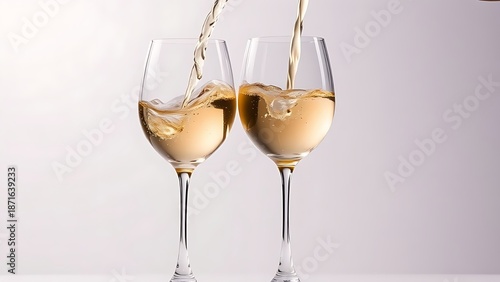 Elegant wine glasses capturing the graceful pour of white wine in a clean studio setting.
