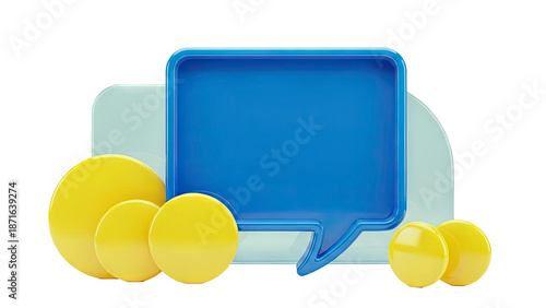 Blue speech bubble and yellow circles on white background