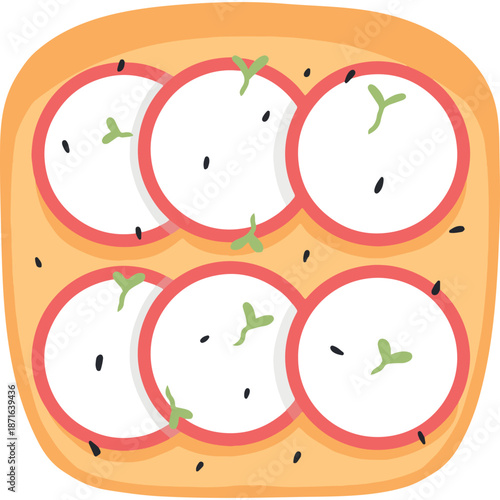Stylized illustration of round radish slices on toast