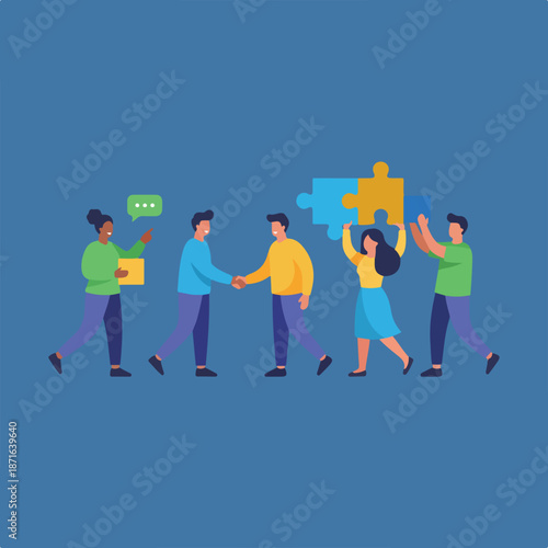 People collaborate through communication, partnership handshakes, and teamwork, assembling puzzle pieces to symbolize problem-solving and shared success.
