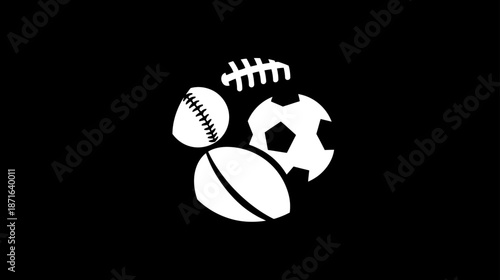 Monochrome Sports Balls Icon Set: Soccer, Baseball, and American Football on Black Background. Vector Symbol for Athletic Games & Competition.