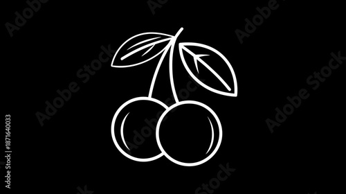 Minimalist white outline illustration of two ripe cherries with leaves on a black background, healthy fruit graphic icon
