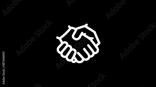 White handshake icon on black background representing business deal, agreement, partnership, collaboration, and trust.