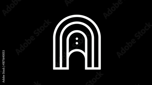 Minimalist graphic letter A design with concentric arch lines. Abstract geometric symbol resembling a rainbow or gateway on a black background.