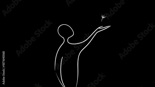 Minimalist line art of a human figure holding a delicate dandelion seed, symbolizing hope, a dream, potential, or a new idea on black.