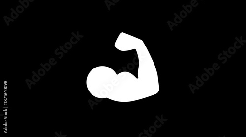 White flexed bicep muscle icon on black background representing strength, power, fitness, health, and determination.