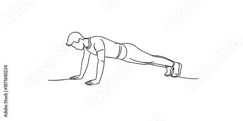 Hand drawn continuous line illustration of a man doing push up exercise.
Single line artwork created for fitness training, bodyweight exercise, and workout routine concepts.