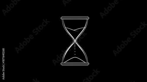 Digital hourglass with white flowing sand on a black background, symbolizing time passing, countdown, deadline, and wait.