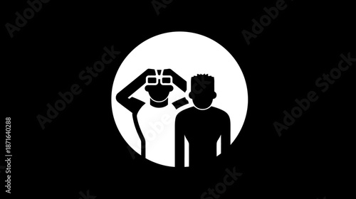 Icon of two people exploring virtual reality with VR goggles, representing future tech, metaverse, and digital experience.