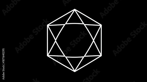 Intricate white geometric star polygon hexagram on black background, abstract mystical sacred geometry design for spirituality or modern art