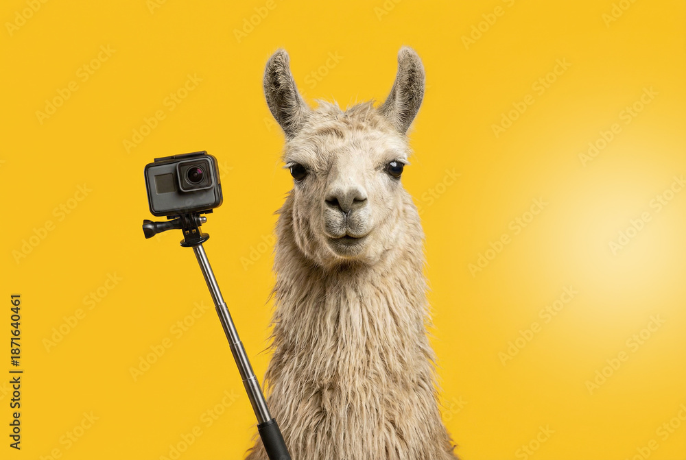 Fototapeta premium Llama taking a selfie with a action camera on a selfie stick against a yellow background