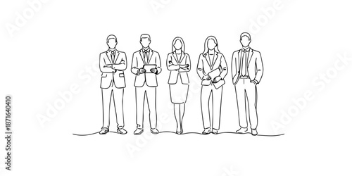 Hand drawn continuous line illustration of a business team standing together. Single line artwork created for corporate teamwork, professional identity, and office work concepts.