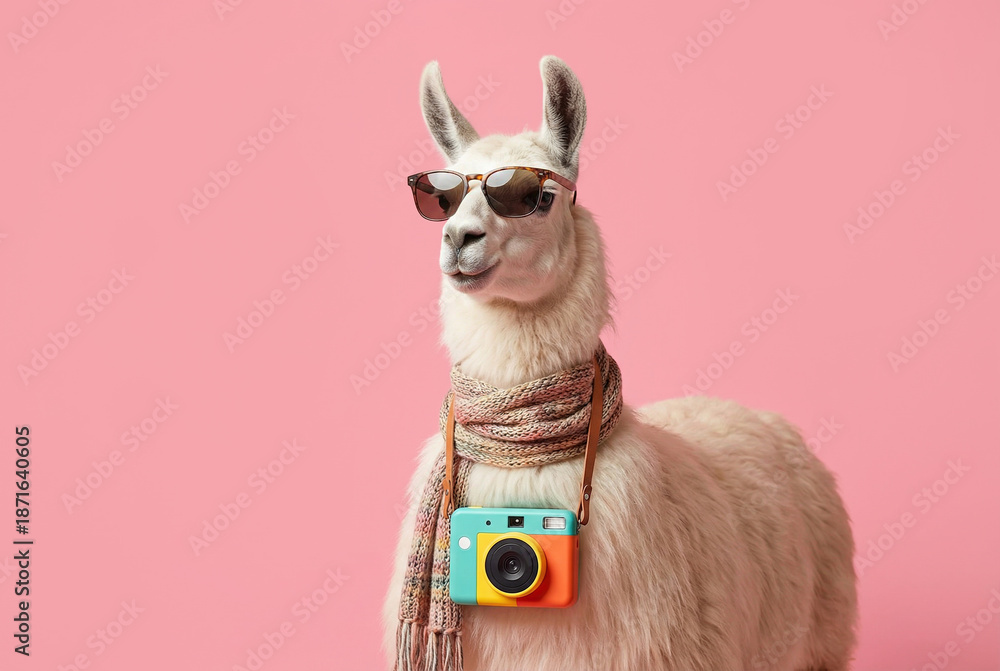 Fototapeta premium Cool llama wearing sunglasses and scarf with a camera around its neck, posing against a pink background