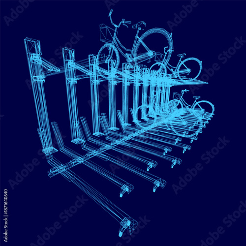 A 3D wireframe bicycle rack on a solid blue background, composed of multiple uniquely designed bicycles. The stark white lines contrast sharply with the vivid backdrop for a clean, modern.