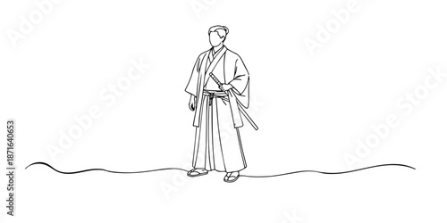 Hand drawn continuous line illustration of a Japanese man wearing a traditional kimono and sword.Single line artwork created for cultural heritage, historical identity, and Japanese tradition concepts
