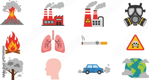 Air Pollution and Environmental Hazards Icon Set Featuring Industrial Smoke Factors Respiratory Health Risks Toxic Emissions Global Warming and Carbon Footprint