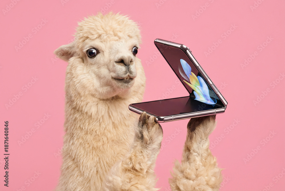 Obraz premium Funny alpaca holding a foldable smartphone and looking at it in surprise