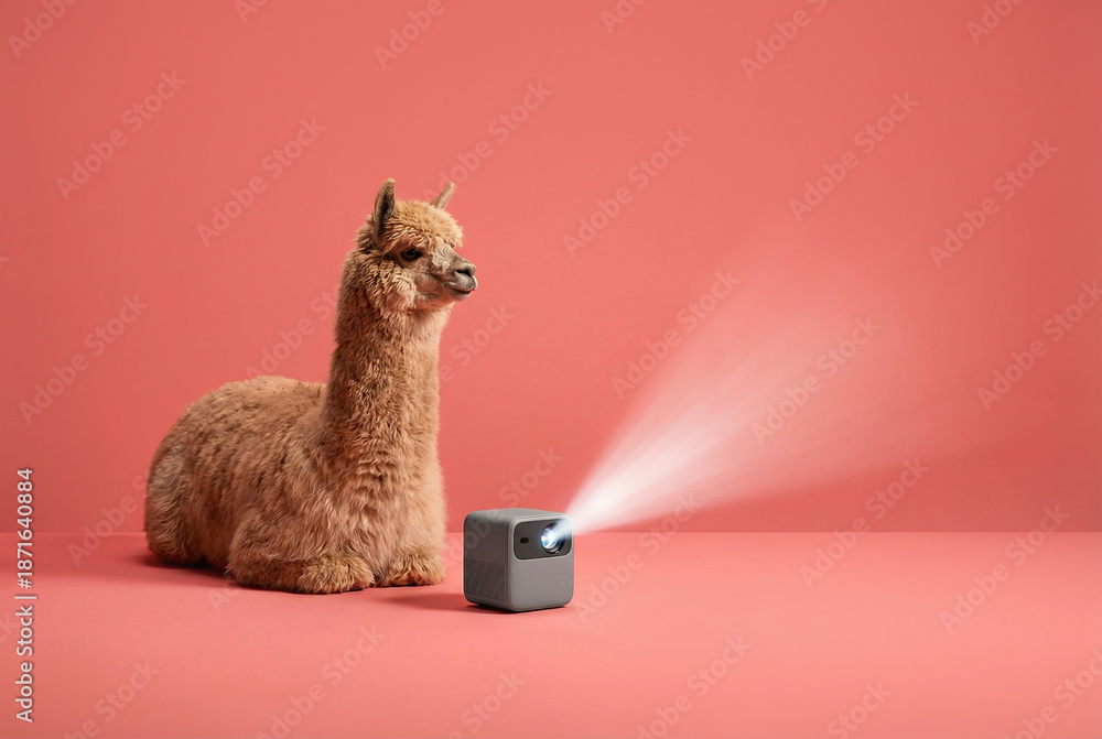 Fototapeta premium Cute alpaca watches light beam from a mini projector