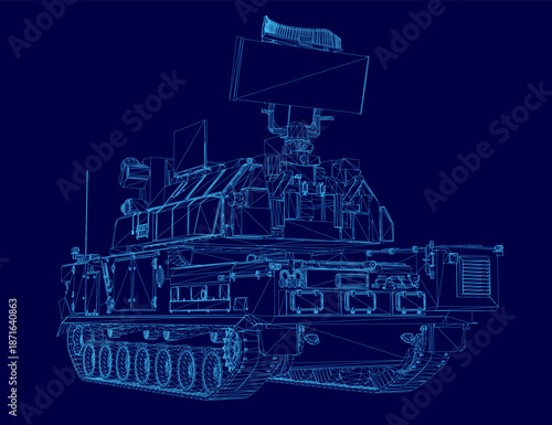 A blueprint of a military anti-aircraft missile system tank, featuring a national flag on its turret against a dark blue technical background.