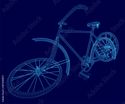 A detailed 3D wireframe model of a bicycle blueprint is displayed on a solid blue background, showcasing its mechanical design and structure.