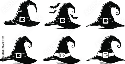 Collection of black witch hat silhouettes with buckles and bats isolated on white background for Halloween party decor and graphic design