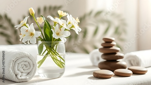Elegant spa arrangement with white flowers and rolled towels.
