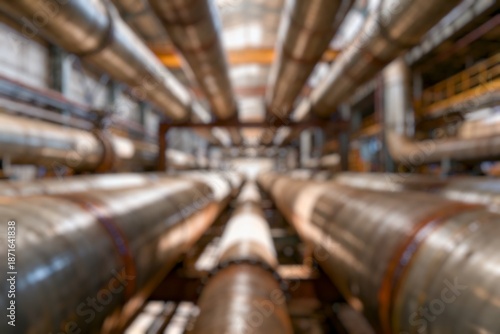Defocused Background of Industrial Interior with Complex Pipe Systems and Illuminated Walkway in a Manufacturing Facility. Blurred Background Photo.