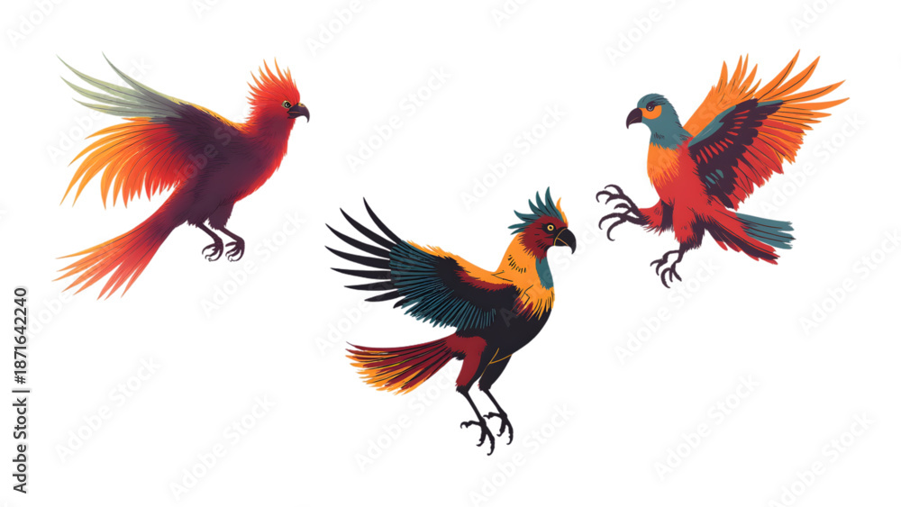 Obraz premium A colorful vector illustration of a red and yellow macaw parrot and a rooster bird isolated on white, featuring exotic tropical feathers and a cartoon style for wildlife design