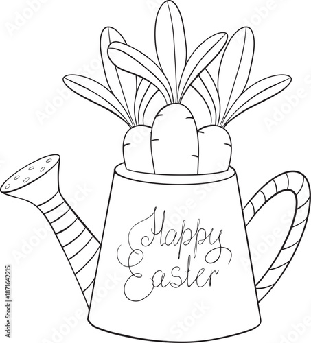 Easter vector illustration with watering pot and carrots