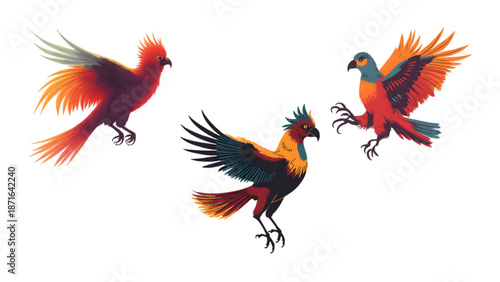 A colorful vector illustration of a red and yellow macaw parrot and a rooster bird isolated on white, featuring exotic tropical feathers and a cartoon style for wildlife design