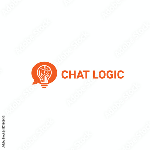 Chat Logic Logo with Orange Speech Bubble and Circuit Light Bulb Icon for AI Technology