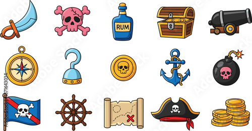 Pirate Icon Set Collection of Cartoon Objects: Skull, Treasure Map, Compass, Cannon, and Flag