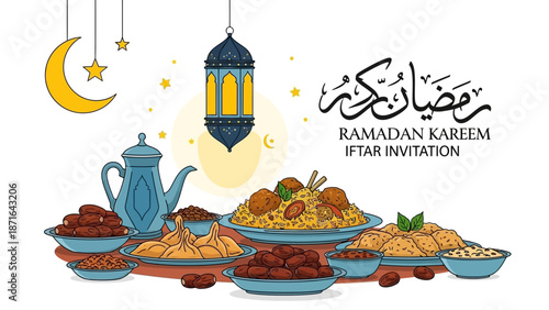 Ramadan Kareem Iftar Invitation with Traditional Food and Lantern