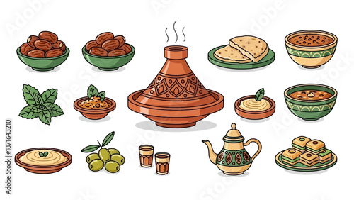 Traditional Moroccan Cuisine Elements with Tagine and Mint Tea