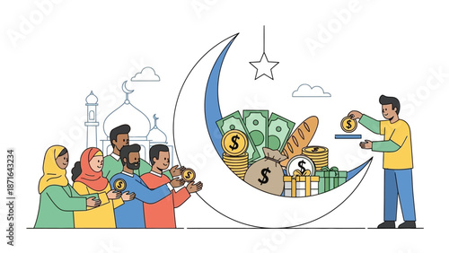 Diverse group donating money and food during Ramadan celebration