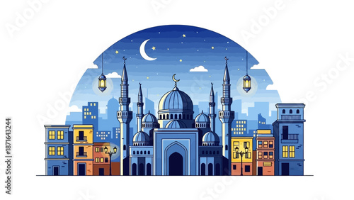 Colorful cityscape with mosque under starry night sky