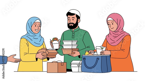 Muslim family exchanging food in a friendly community setting