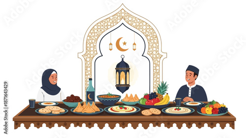 Muslim family enjoying Iftar meal during Ramadan celebration