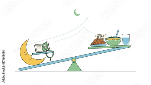 Illustration of Moon Balancing Work and Breakfast on Seesaw