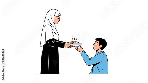 Muslim woman serving food to man in traditional attire illustration