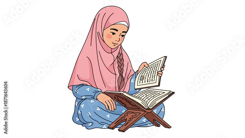 Young woman in hijab reading a book on wooden stand