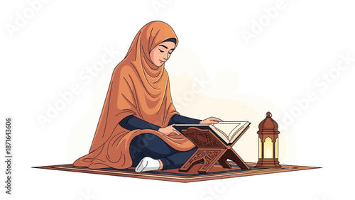 Muslim woman reading Quran on prayer mat with lantern