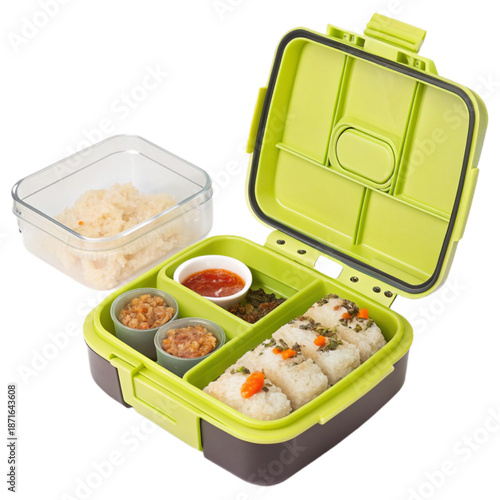 Bento lunch carrier with clip-in sauce pod holder for organized meal prep and easy transport