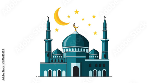 Islamic mosque illustration with crescent moon and stars