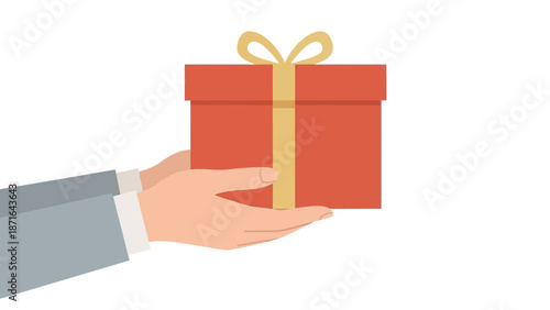 Hands holding a gift box with a golden ribbon on white background