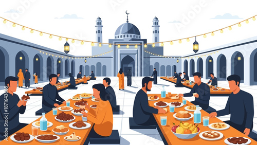 People enjoying a communal meal in a mosque courtyard during a festive celebration