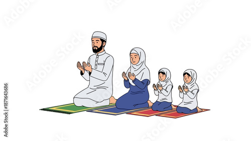 Family in traditional attire praying together on prayer mats