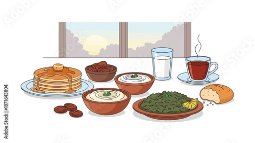 Illustration of a Traditional Breakfast with Pancakes and Tea